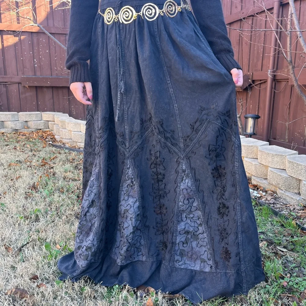 Chic Whimsy Goth Ash Black Embroidered Maxi Skirt - Picture 6 of 14